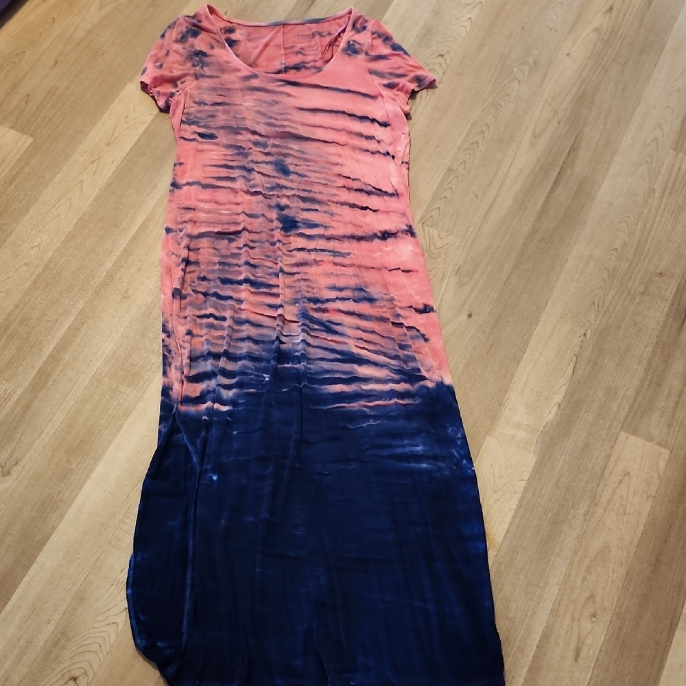 Torrid Pink and Blue Ruched Maxi Dress with Short Sleeves